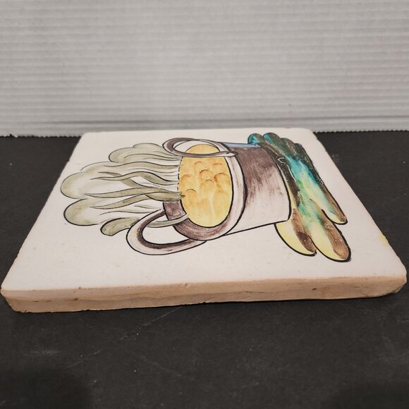Vintage Kitchen Clay Tile Hand Painted with Steaming Cooking Pot Grazed 8.25" - Picture 4 of 6